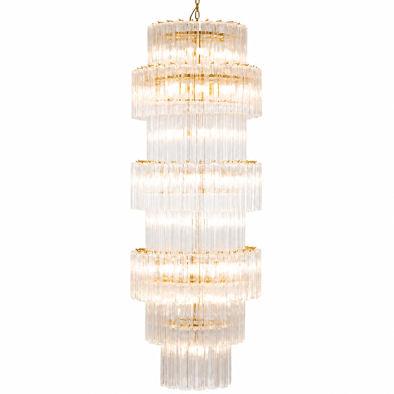 Detailed side profile of the Mantovano Grandeur staircase chandelier showcasing the intricate layering of eight glass tube tiers.