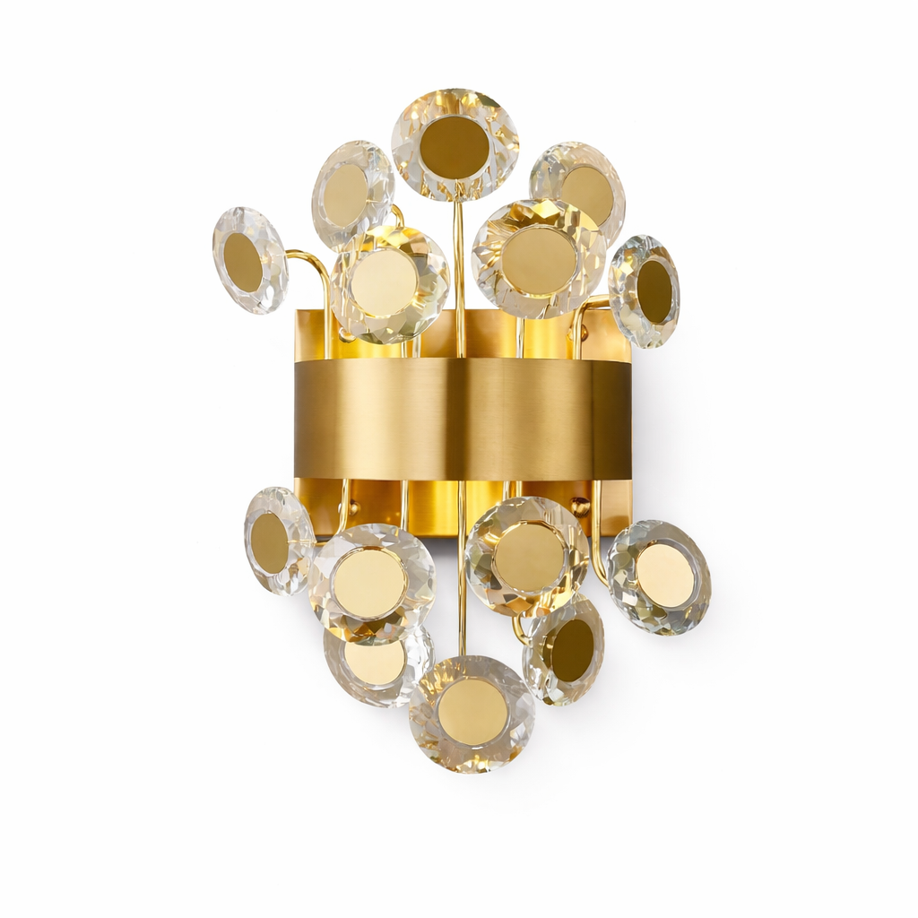 Detailed side profile of the Patara Wall Light by VORELLI, highlighting the sleek band frame and the architectural alignment of stainless steel circles.