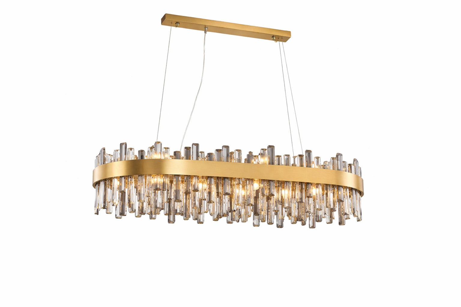 Detailed side profile of the VORELLI Figueroa rectangular chandelier, highlighting the sharp geometric lines of the stainless steel frame and glistening diamond-cut crystals.