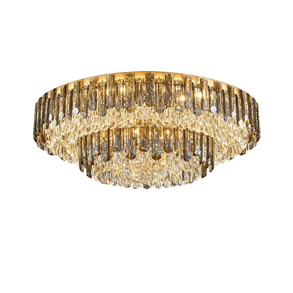 Detailed side profile of the VORELLI Lugano double ceiling light, accentuating the dramatic textures of the layered smoky grey oblong crystals.