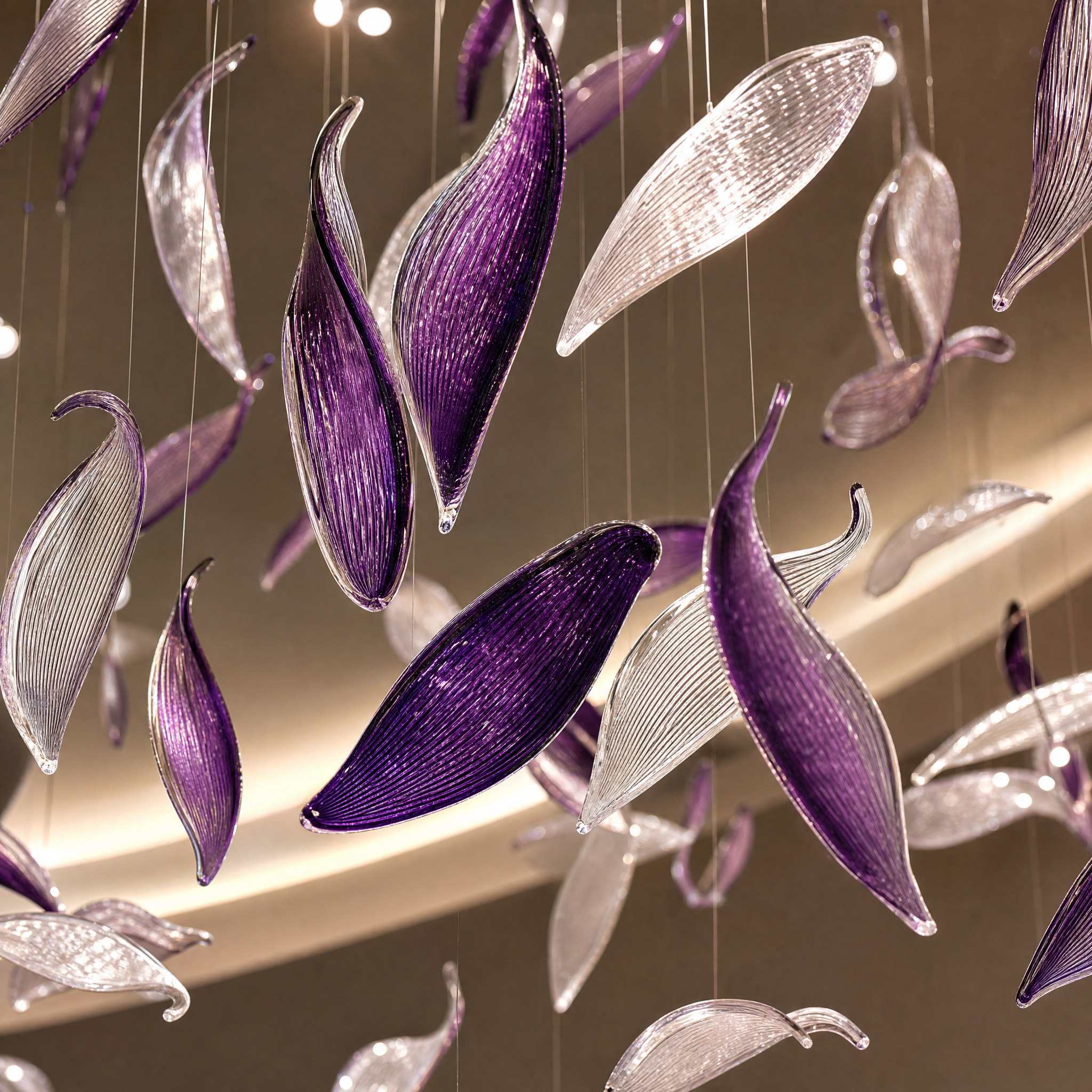 Close-up detail of VORELLI handcrafted glass leaf showing intricate purple stripes and clear light diffusion.
