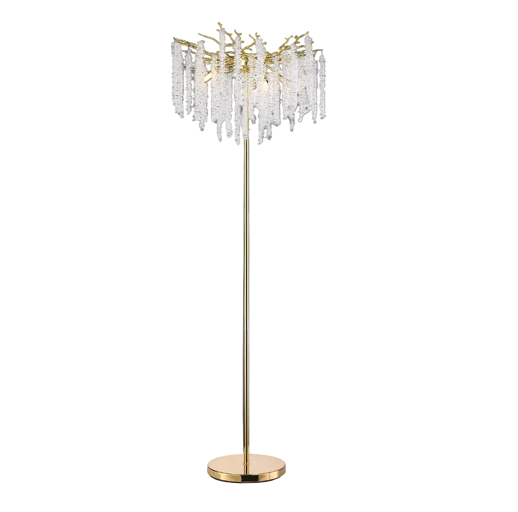 Detailed view of the cascading diamond-cut crystal strands on the VORELLI Wisteria floor lamp, showcasing the refined craftsmanship and light refraction.