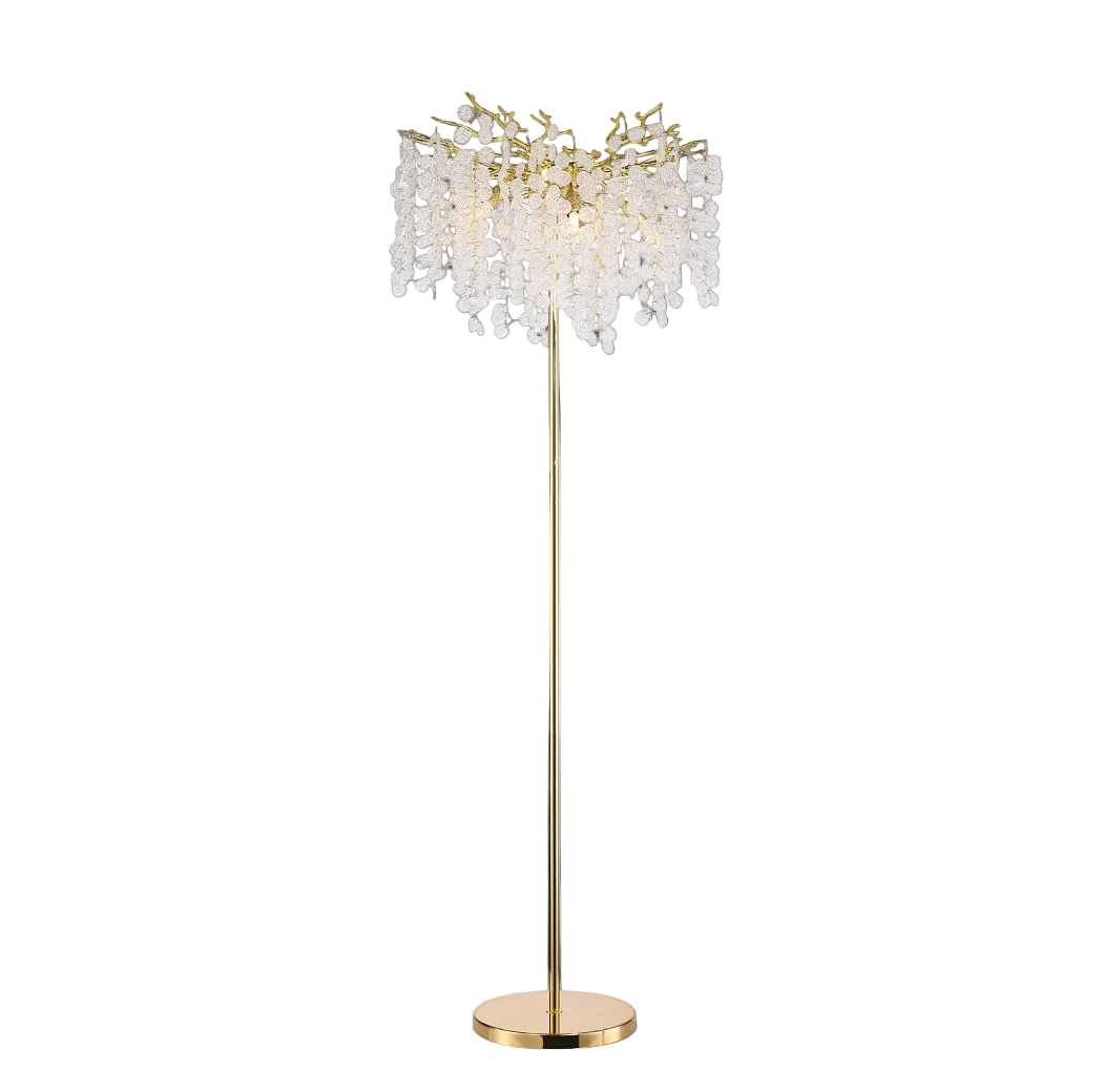 Detailed view of the cascading textured glass discs on the VORELLI Lunaria Floor Lamp II, catching the light to create depth and movement.