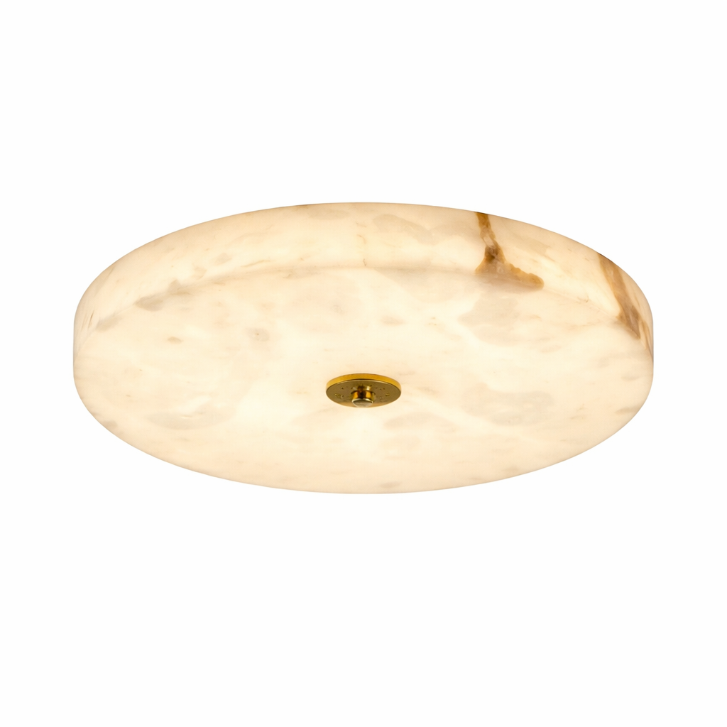 Detailed view of the Cira Marble Ceiling Light by VORELLI, showcasing its clean architectural lines and elegant circular form casting a sophisticated, warm mood.