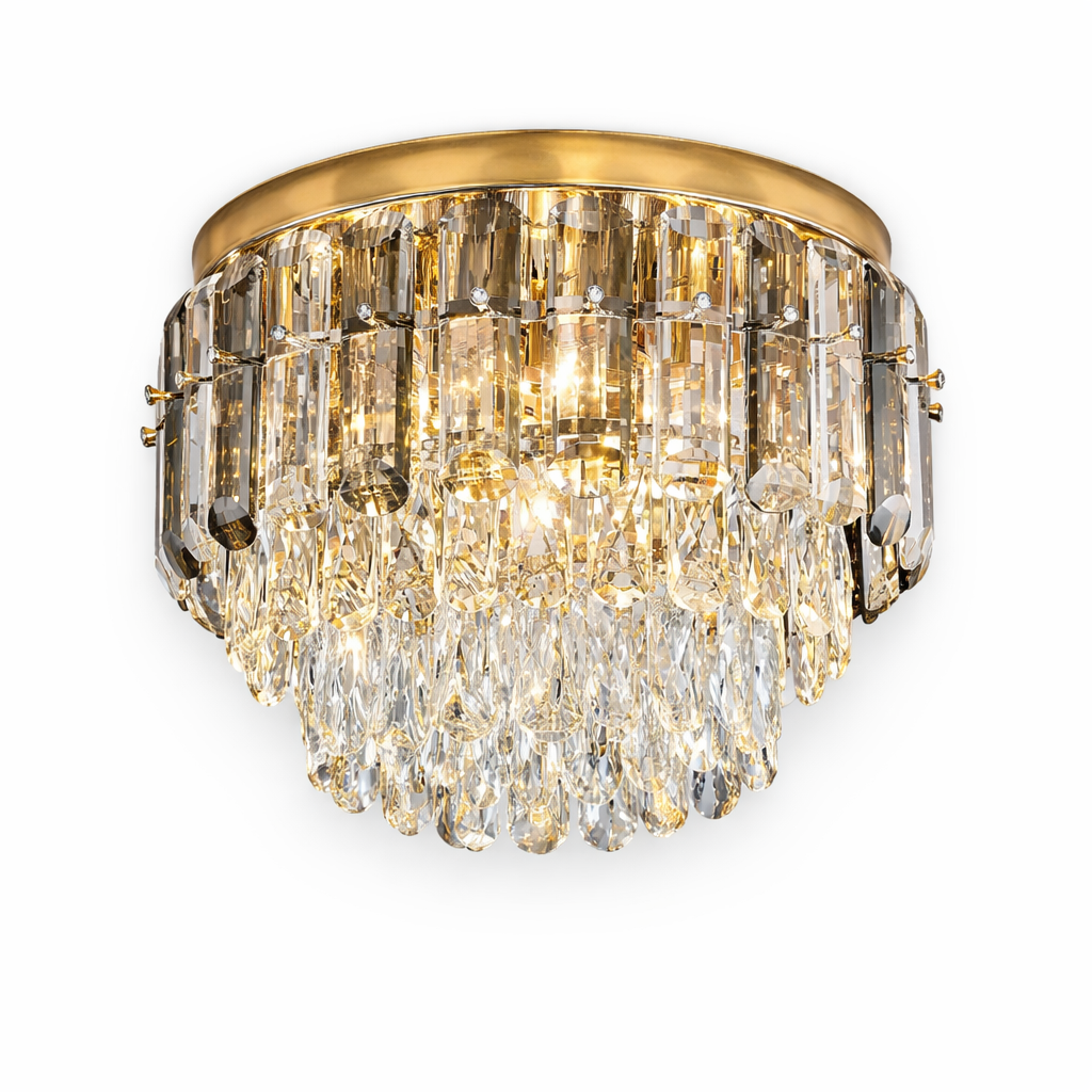Detailed view of the diamond-cut crystals on the VORELLI Lugano Ceiling Light II, highlighting the timeless design and premium finish.