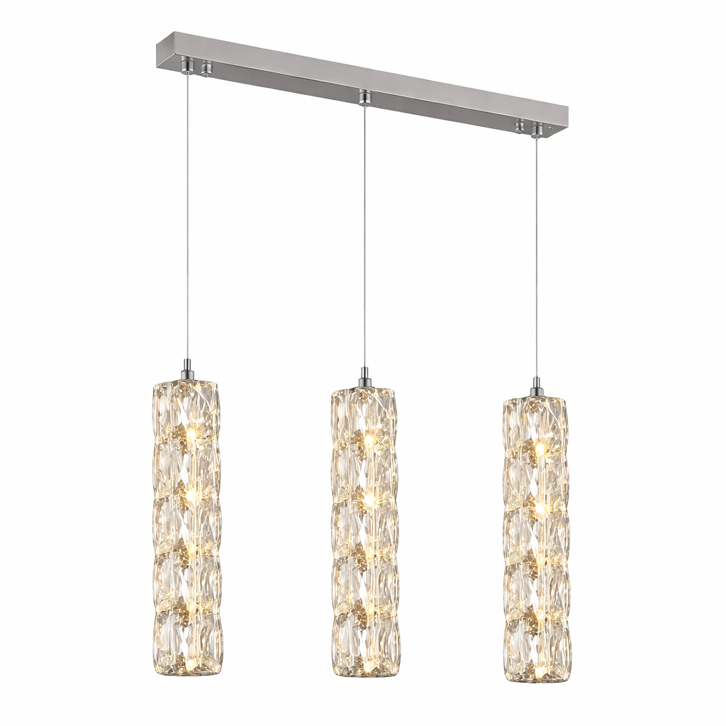 Detailed view of the Gaia Rectangular Chandelier's three cascading cylinder pendants showcasing the glittering diamond cut crystals.