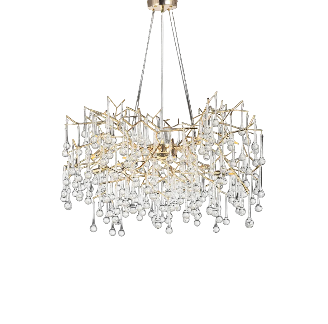 Detailed view of the intertwined sculptural golden branches of the L'Albero d'Oro circular chandelier by VORELLI.