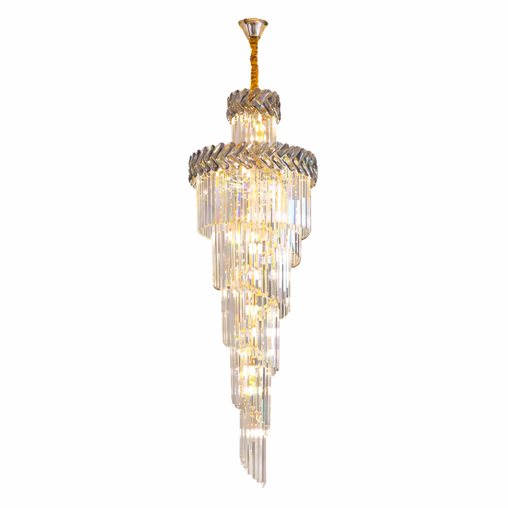 Detailed view of the Knightsbridge spiral staircase chandelier's premium crystal bars reflecting brilliant light fixtures, creating a dramatic luxury mood.
