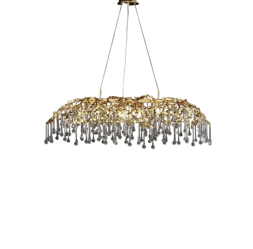 Detailed view of the organic metal branches and reflective crystal drops on the VORELLI L’Albero d’Oro rectangular chandelier, capturing an atmosphere of refined elegance.