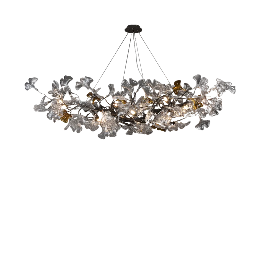 Detailed view of the Prano Rectangular Chandelier II by VORELLI, highlighting the intricate texture of the sculpted glass leaves and its luxury finish.