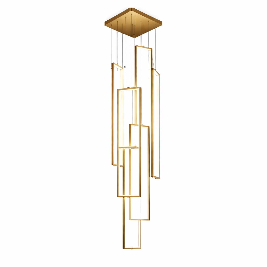 Detailed view of the sleek, modern geometric lines of the VORELLI Mayfair pendant chandelier creating a bold contemporary silhouette.