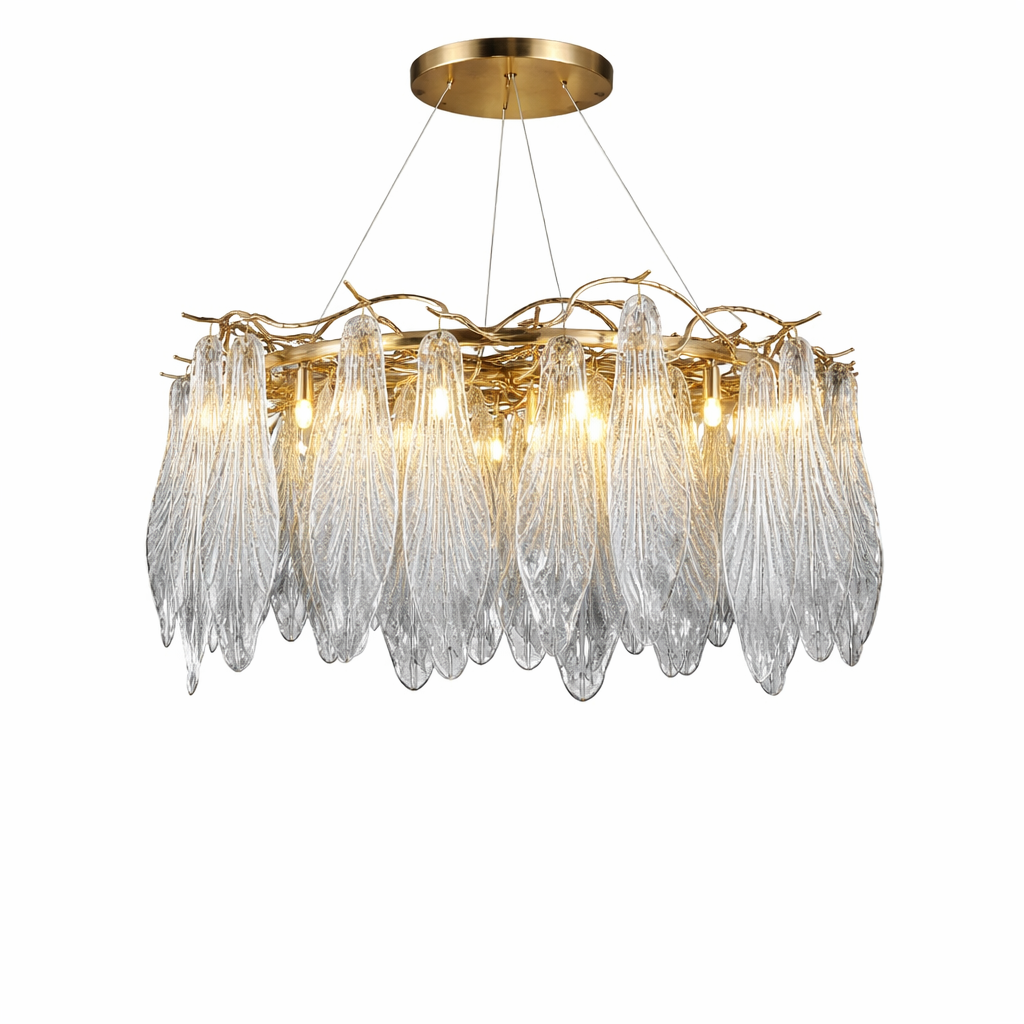 Detailed view of the VORELLI Larvotto circular chandelier's textured metallic branches capturing light through delicate artisan glass elements.