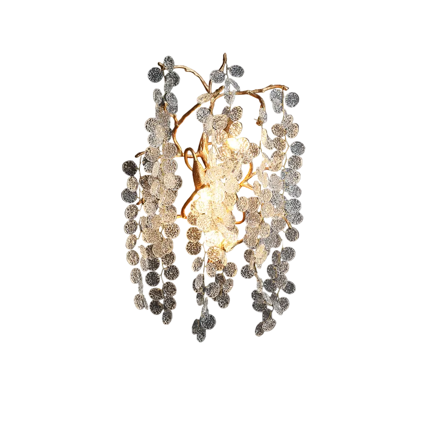 Detailed view of the VORELLI Lunaria Wall Light, capturing the moody ambiance and refined visual depth created by the cascading, textured glass elements.