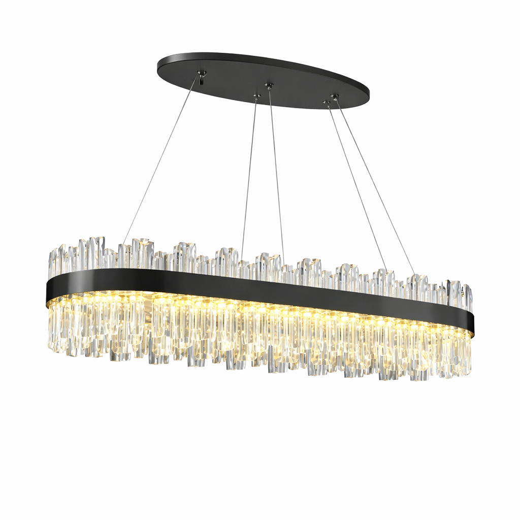 Detailed view of the VORELLI Medina rectangular chandelier's tiered crystal bars reflecting warm, ambient light for a sophisticated mood.