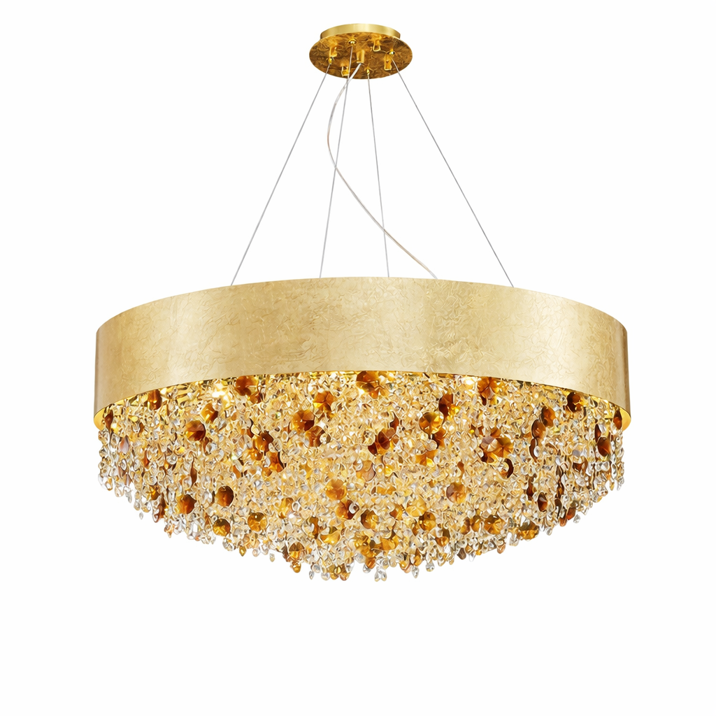 Detailed view of the VORELLI Owensboro circular chandelier's intricate textured gold foil finish, radiating warm and artistic luxury.