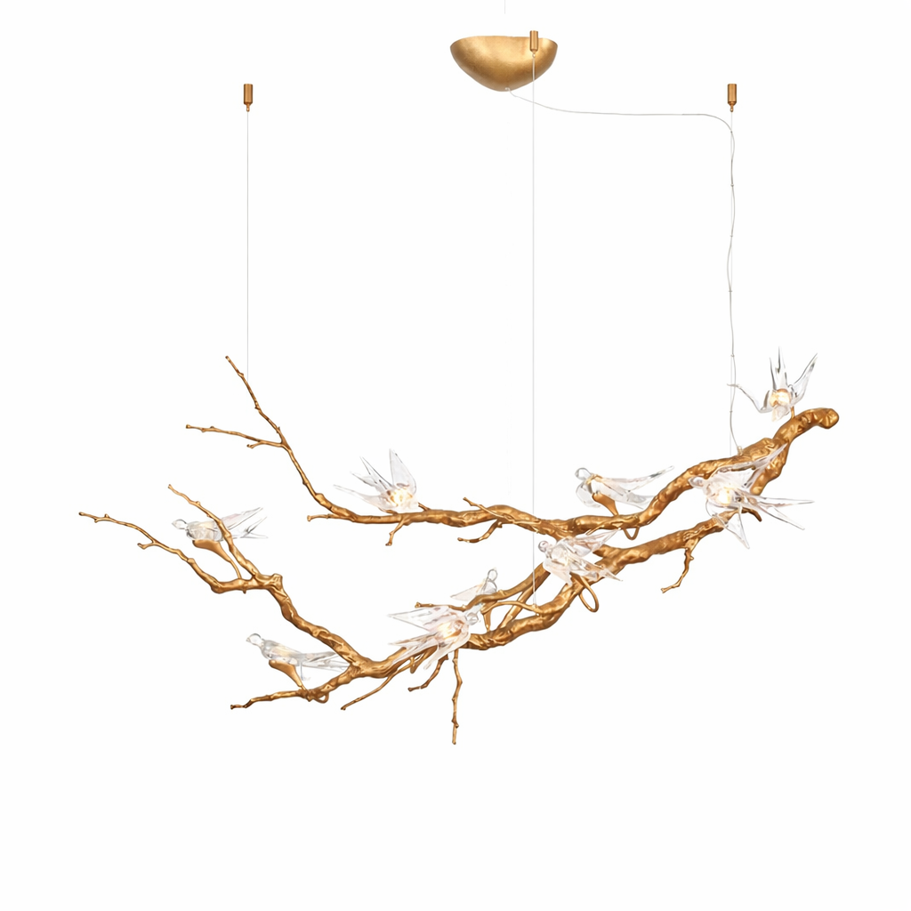 Detailed view of the VORELLI Swallow Bird Rectangular Chandelier, showcasing the delicate crystal birds perched on elegant, organic-style metal branching forms.