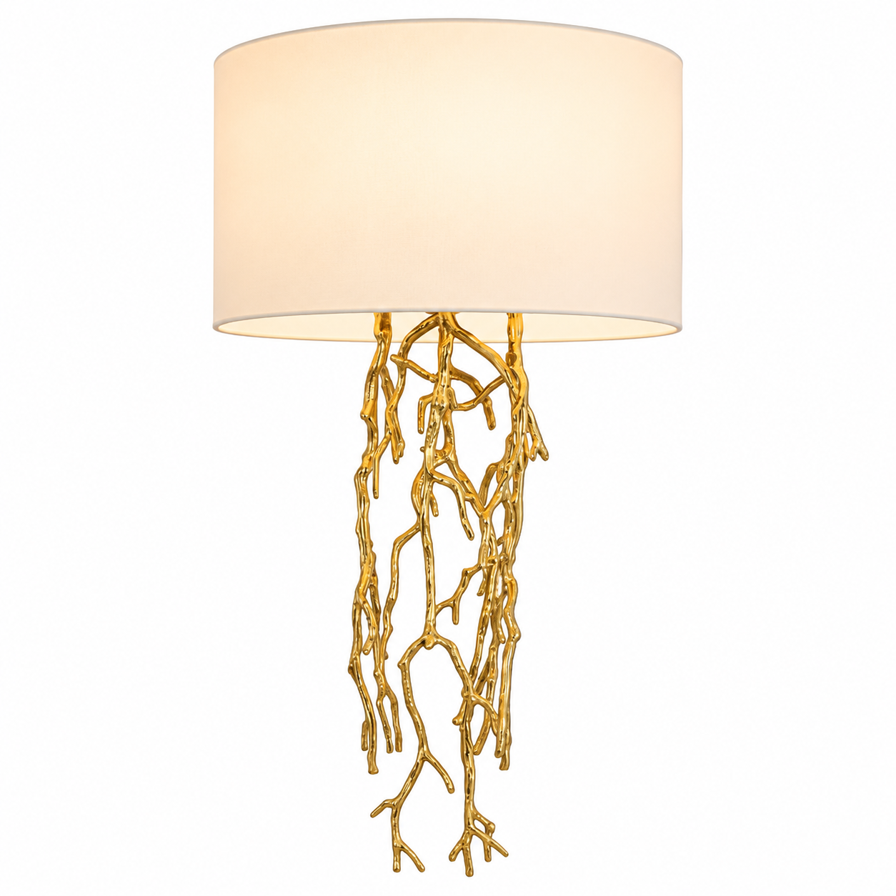 Detailed view of the VORELLI Sylvaine wall light, emphasizing the harmonious mood created by organic sculptural metal elements paired with a sophisticated fabric shade.