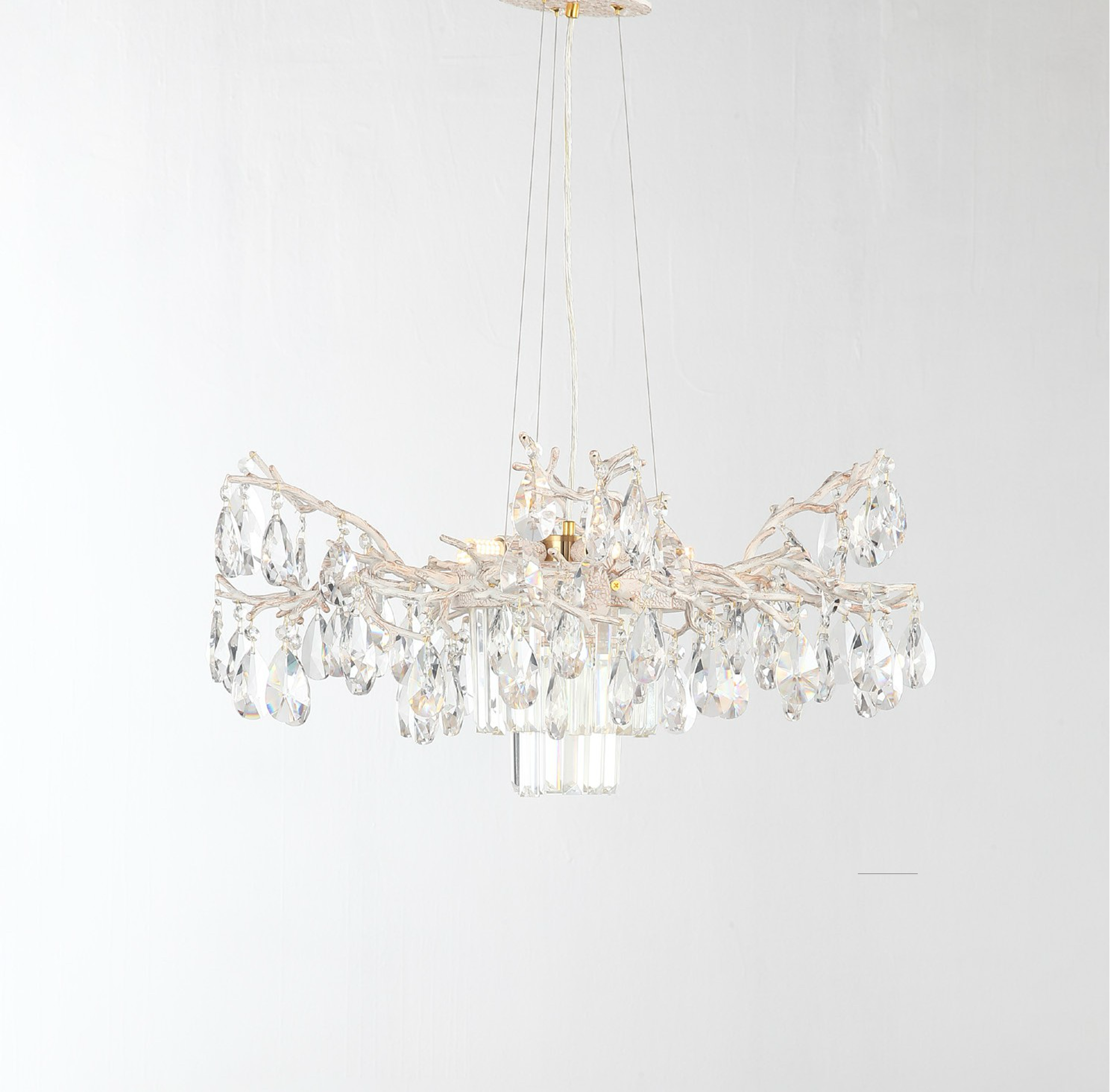 Dewdrop circular chandelier by VORELLI® featuring suspended teardrop crystals and an elegant branch-inspired design