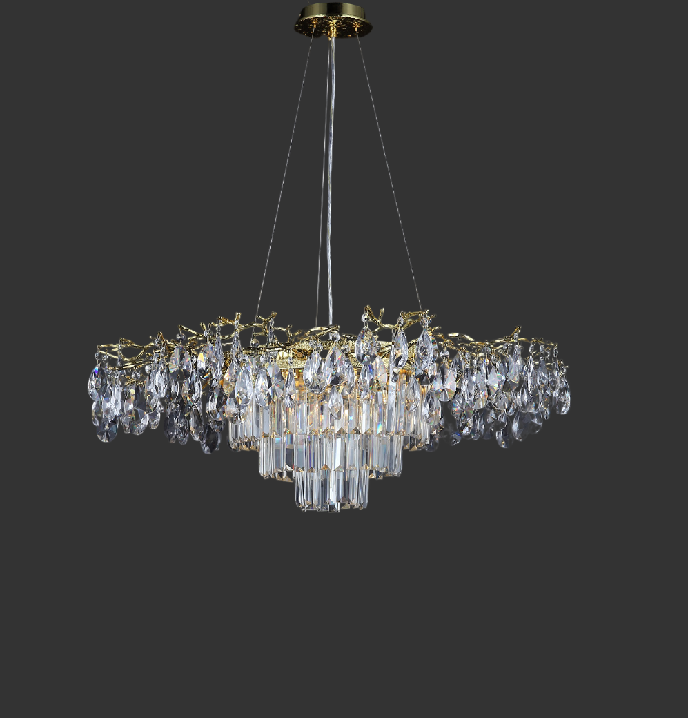 Elegant Dewdrop circular chandelier with layered crystal drops suspended from a refined gold structure