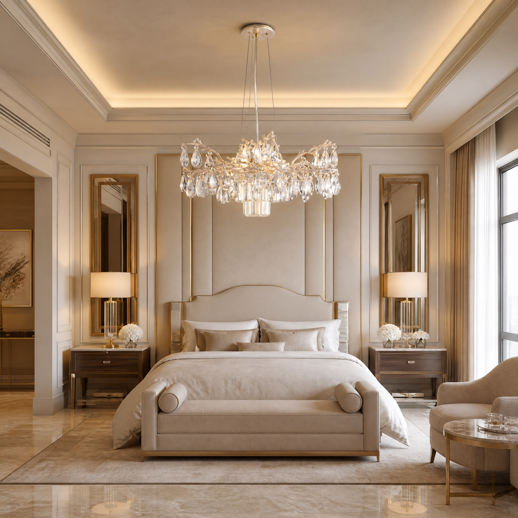 Vorelli Dewdrop Circular Chandelier II creating refined visual depth and an elegant ambiance in a boutique hospitality hotel lobby.