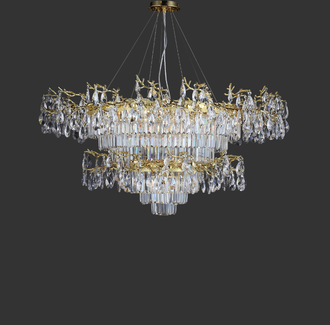 Dewdrop Circular Chandelier II by VORELLI® featuring a multi-tier crystal waterfall suspended from an intricate gold branch frame