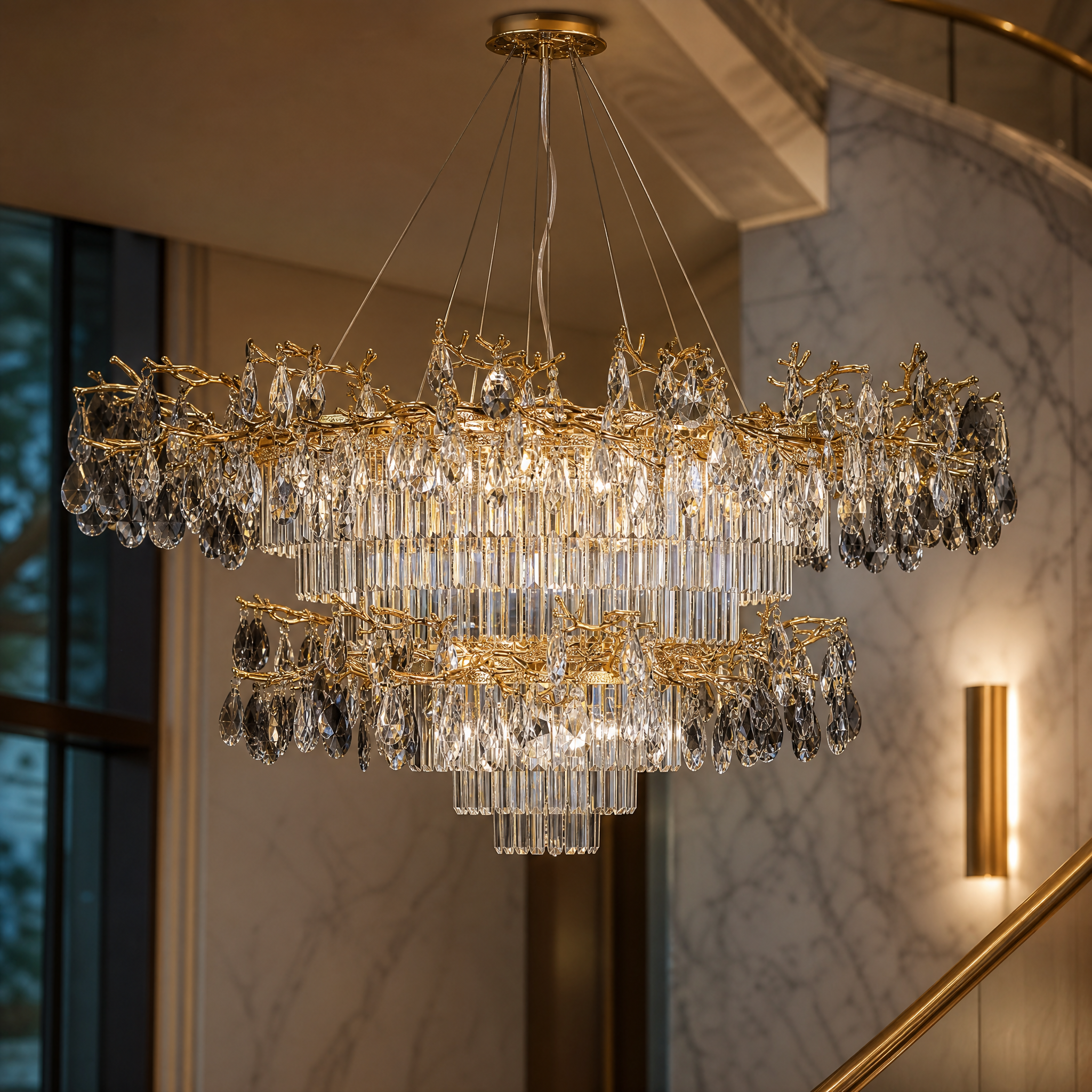 Close-up detail of the layered crystal drops on the VORELLI Dewdrop Grandeur chandelier, showcasing architectural depth and brilliant light refraction.