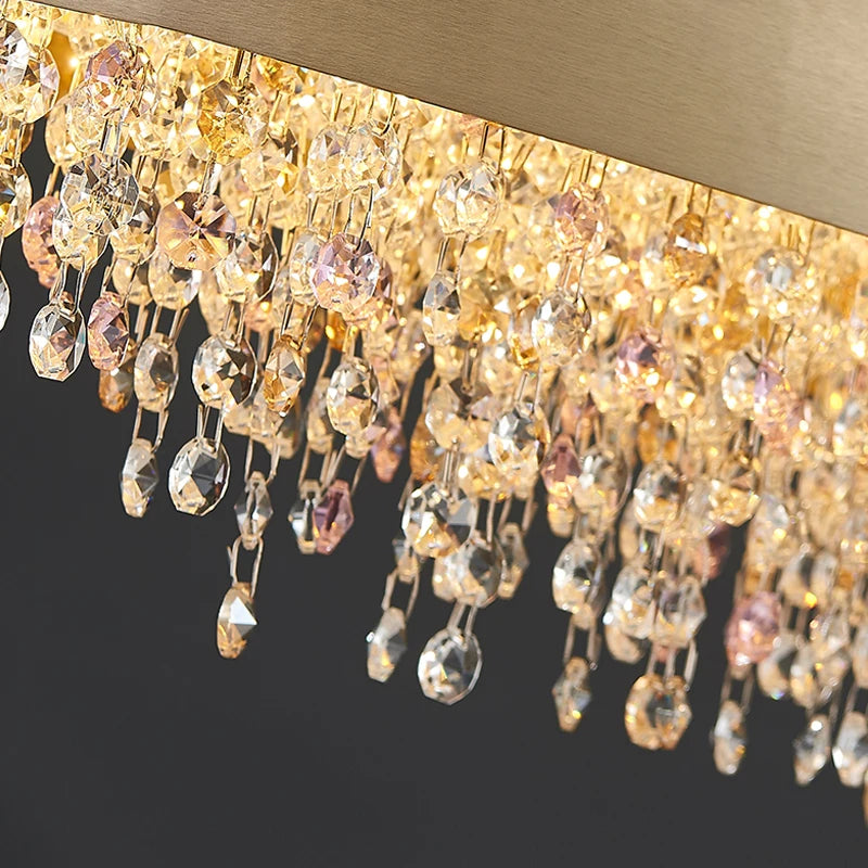 Crystal chains of amber, clear, and pink octagon crystals cascading in luxurious tiers