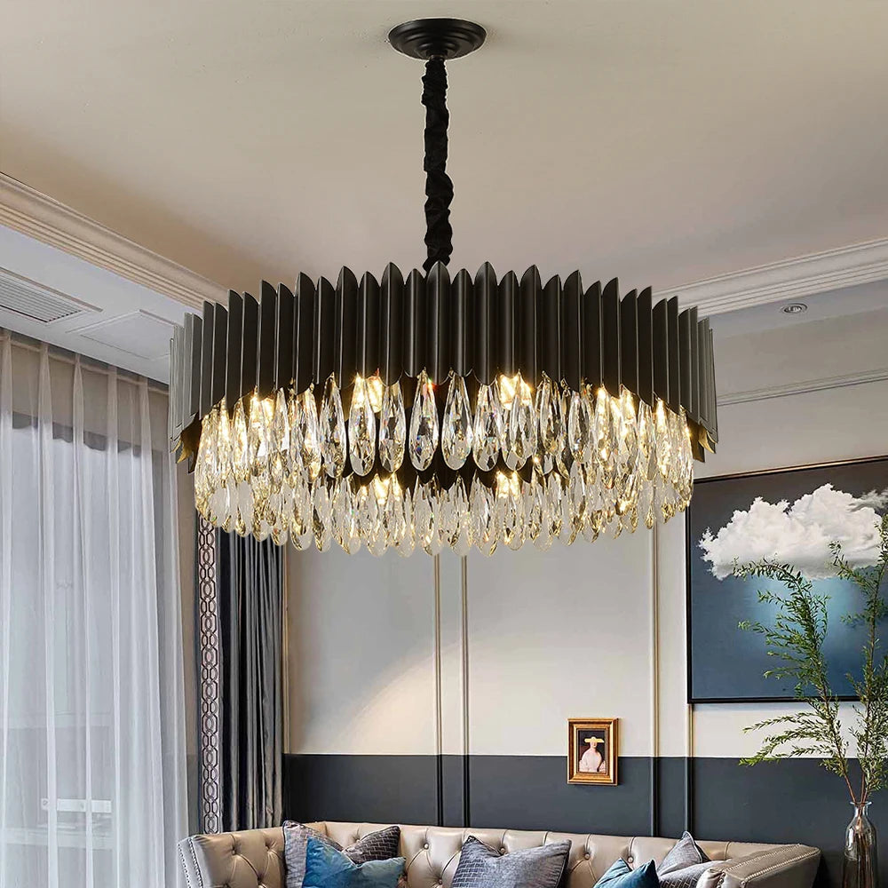Doral Circular Chandelier with diamond cut teardrop crystals displayed in an elegant living room