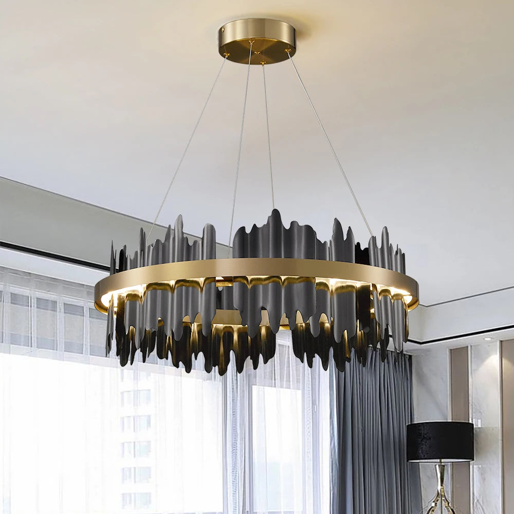 Douala Circular Chandelier suspended in a luxury living space with edgy decorative fins