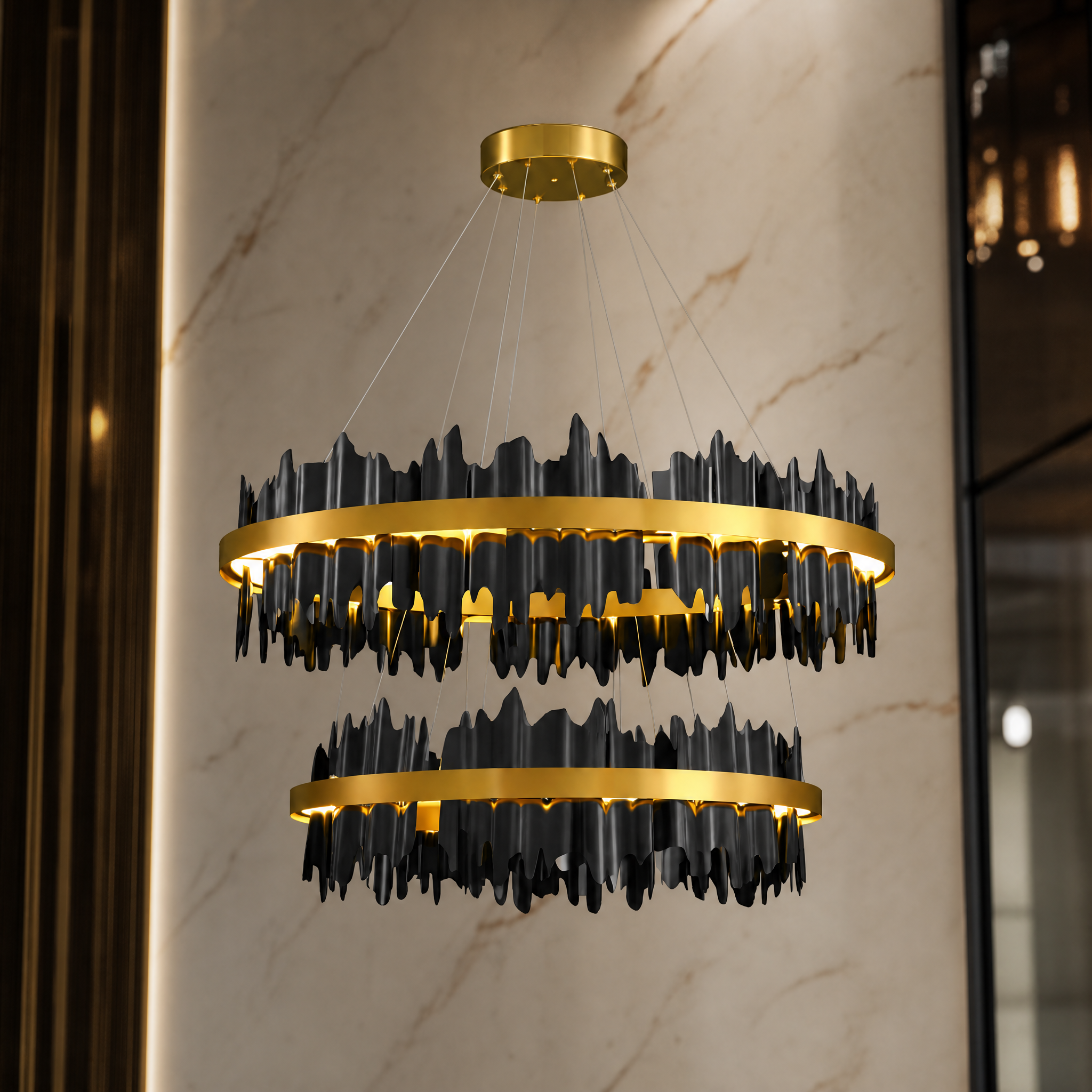 A detailed closeup showcasing the edgy decorative elements and fine craftsmanship of the VORELLI Douala two-ring circular chandelier.