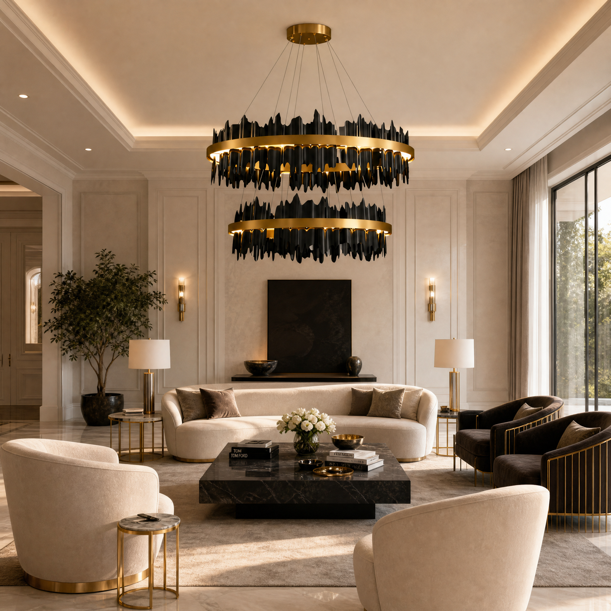 The VORELLI Douala Double Circular Chandelier casting a warm, sophisticated glow over an upscale residential living room setting.