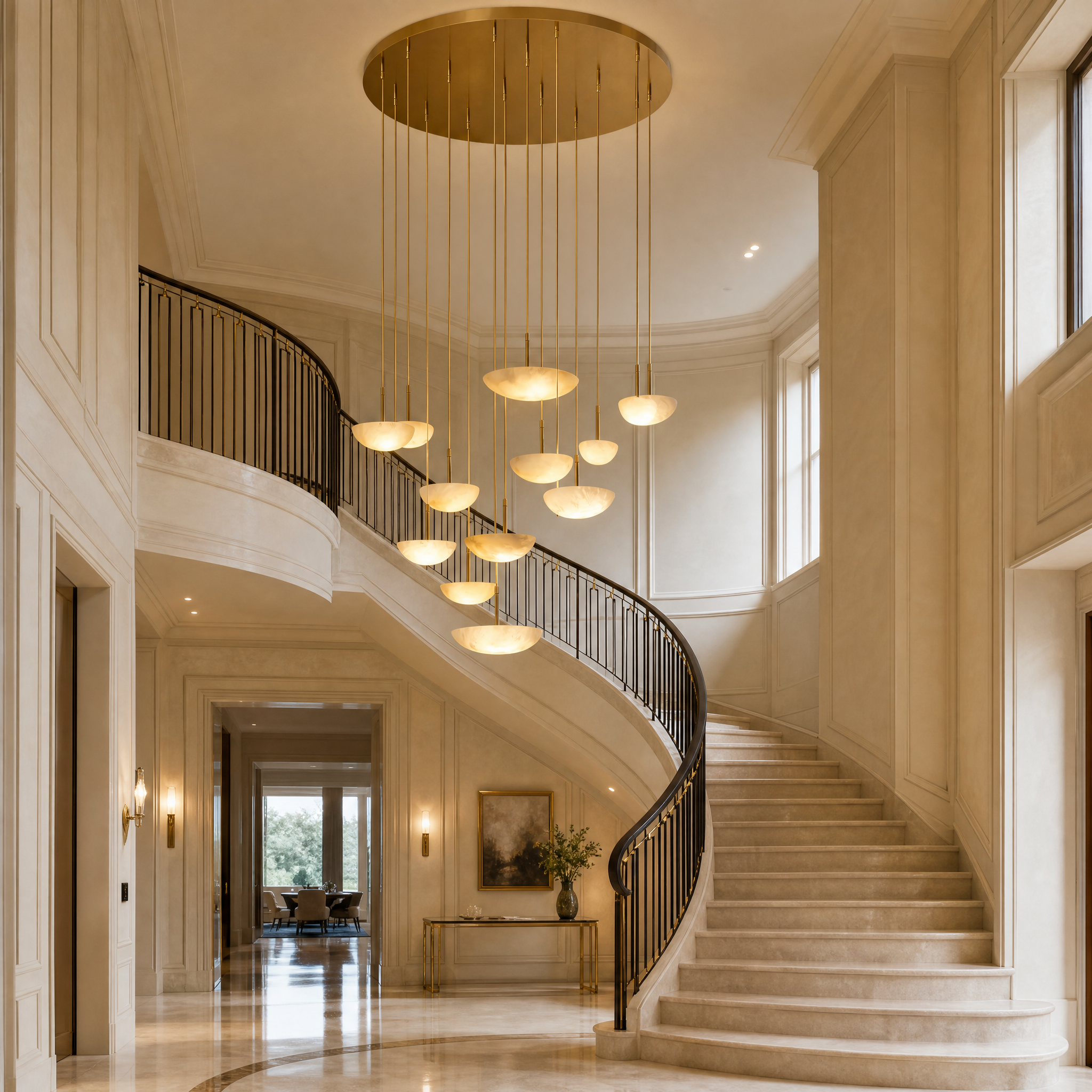 Dramatic low-angle view of the Alba Marble Chandelier's cascading pendant arrangement, emphasizing its grand, sculptural presence in a luxury space.