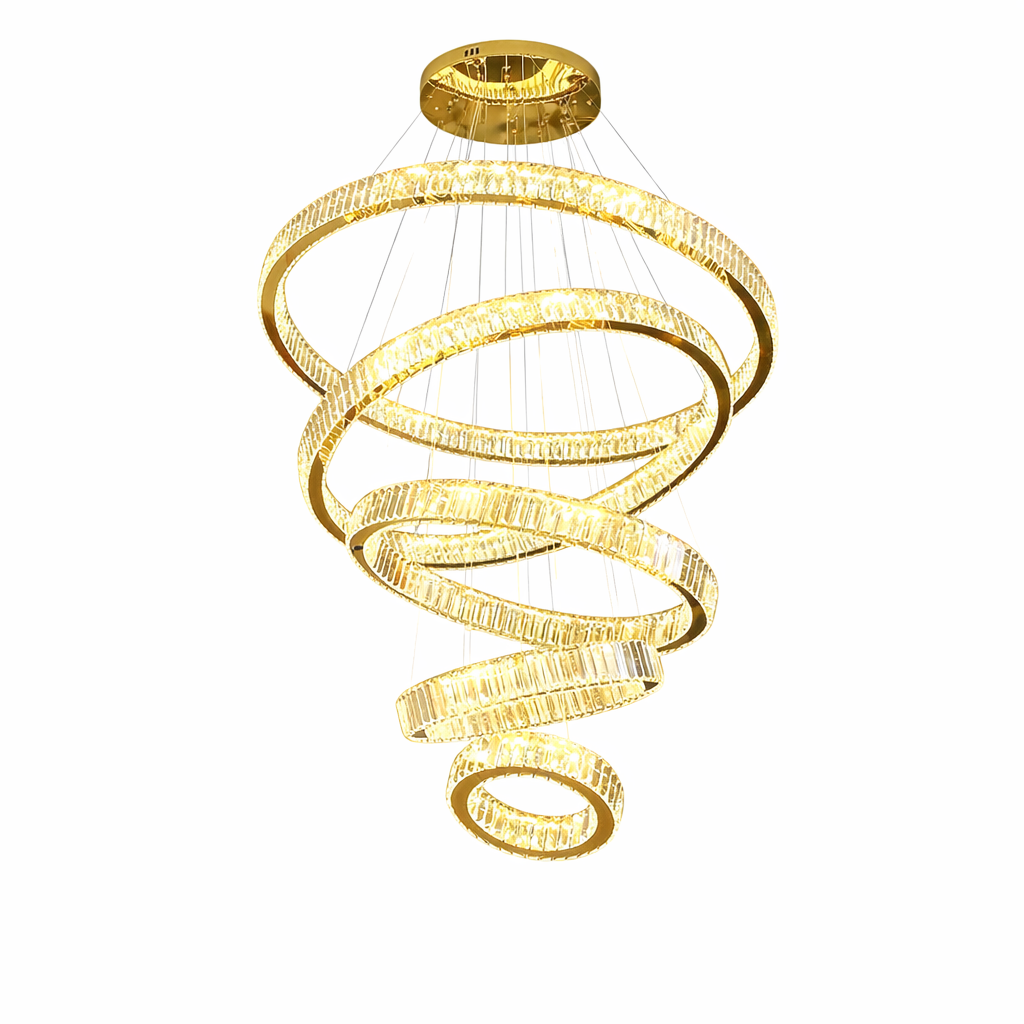 Dramatic low-angle view of the VORELLI Oia Ring Staircase Chandelier, capturing a mood of opulent sophistication as light refracts through dense crystal bars.