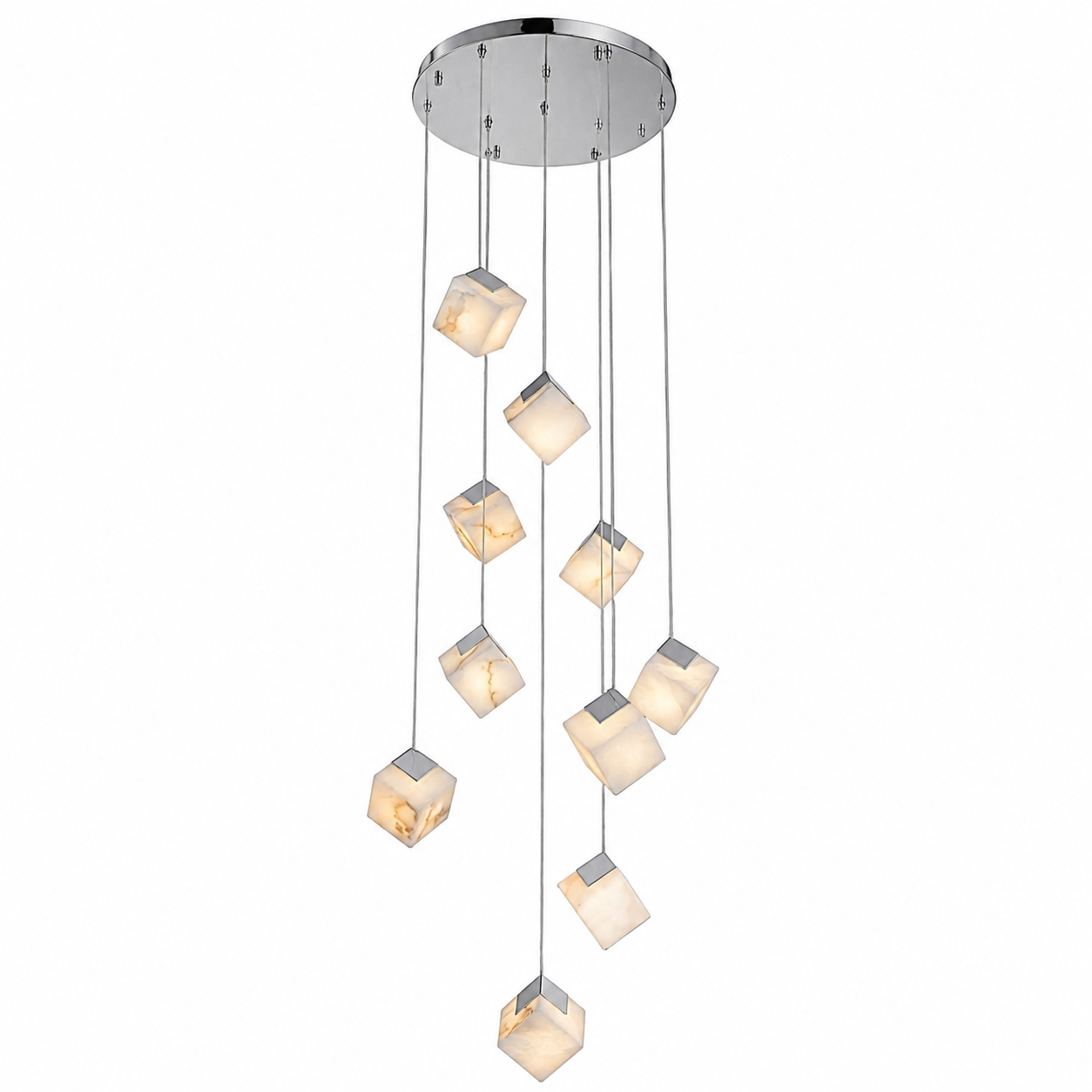 Dramatic vertical drop composition of the VORELLI Cube Marble Chandelier emphasizing its sculptural presence in a double-height ceiling.