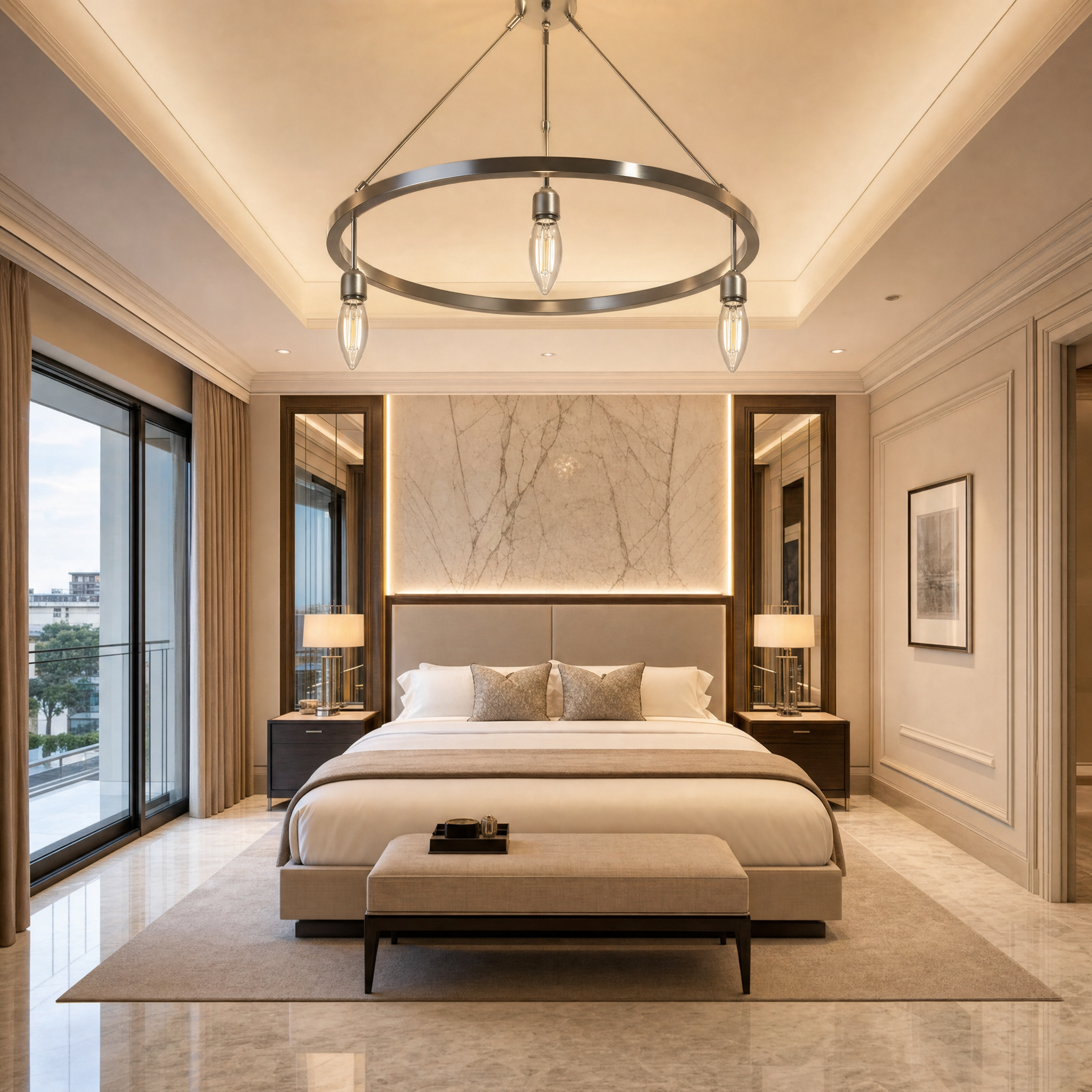 Elegant hospitality lobby lighting featuring VORELLI E14 dimmable 5W LED filament candle lamps in a luxury fixture, casting a vibrant 4000K cool white light.