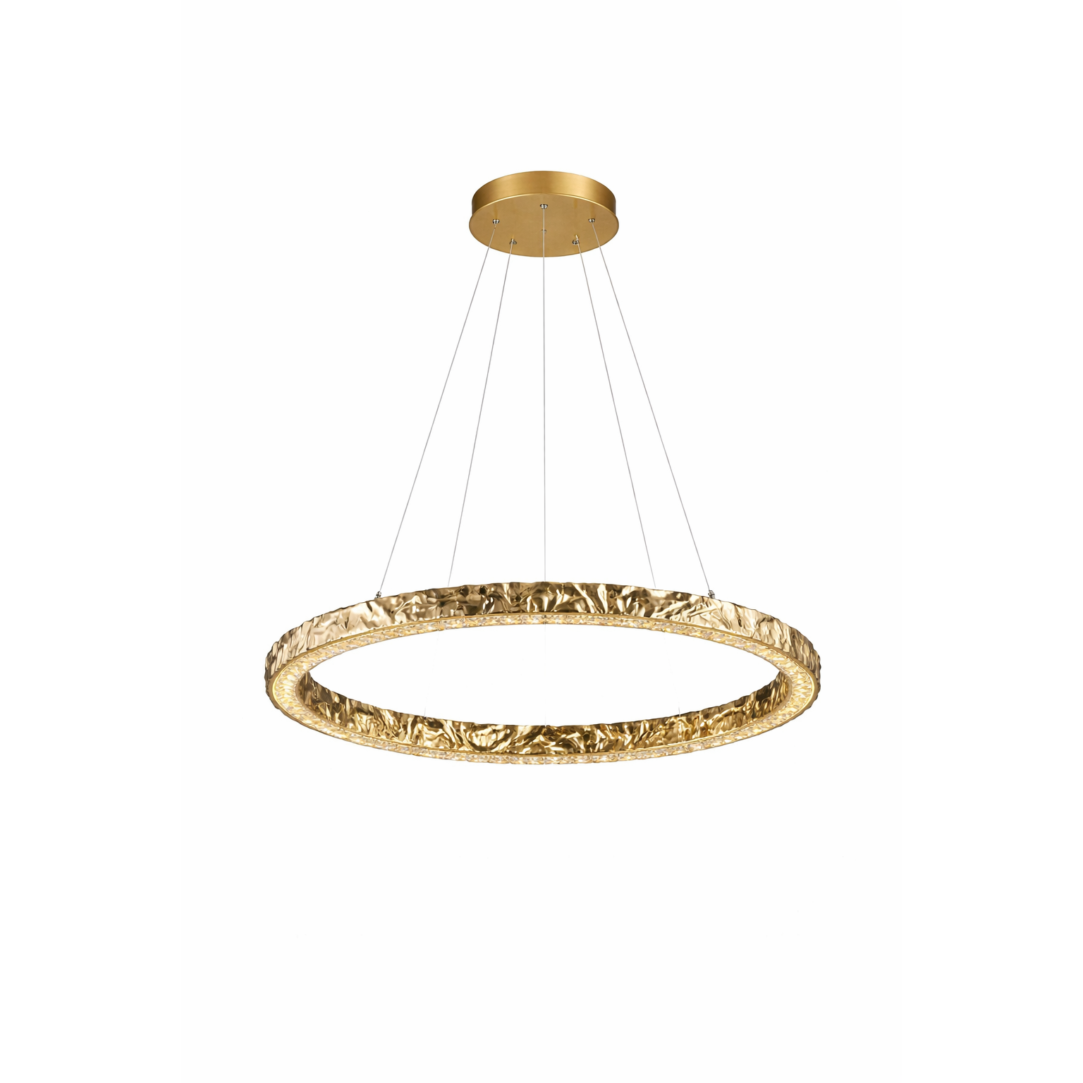 Ecliptica circular chandelier casting a warm, ambient glow in a contemporary living space.