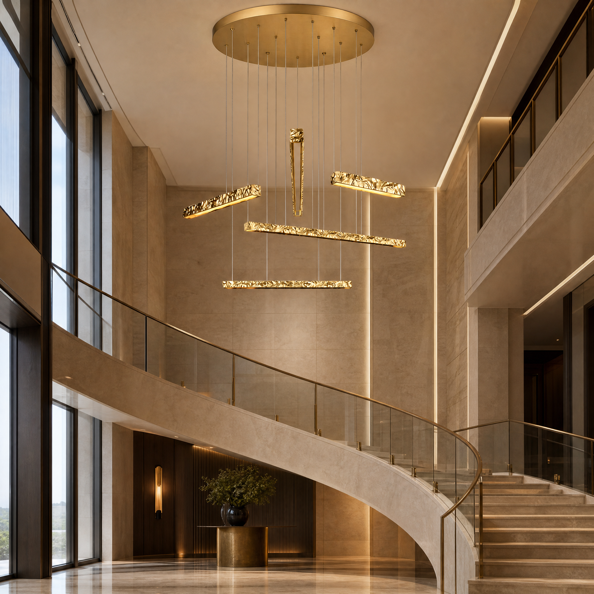 The artistic Ecliptica pendant staircase chandelier by VORELLI suspended dynamically in a high-end luxury hospitality lobby.