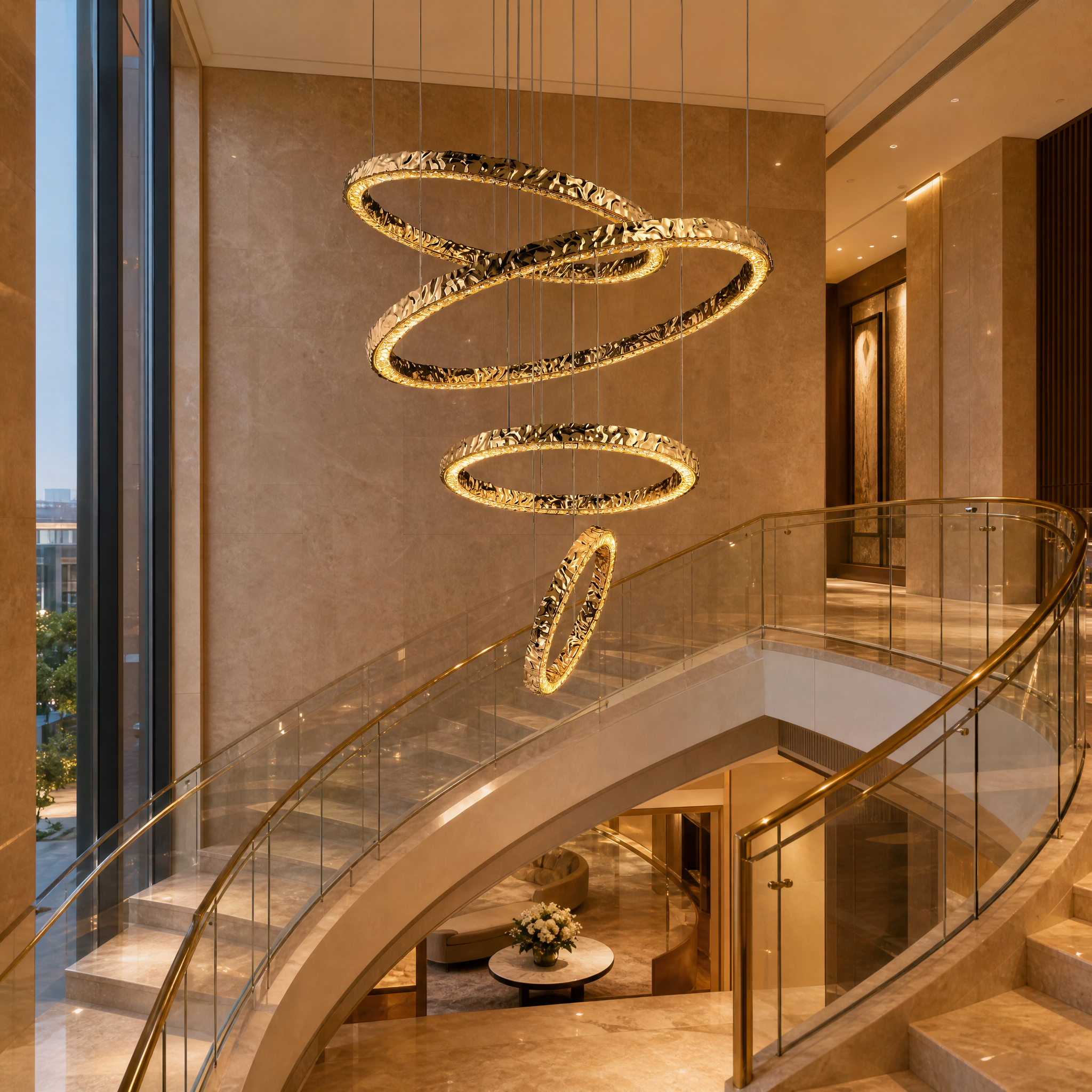 Large multi-tier Ecliptica cascading gold ring pendant light hanging in a contemporary luxury hotel lobby.