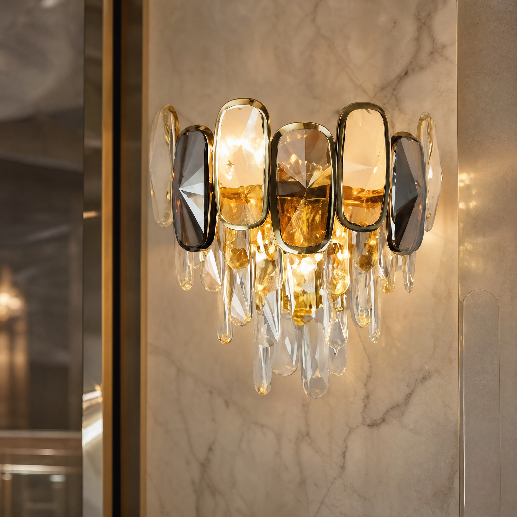 A detailed closeup shot of the VORELLI Edmond Wall Light, highlighting the intricate texture of the oblong and semi-ellipse diamond-cut crystals.