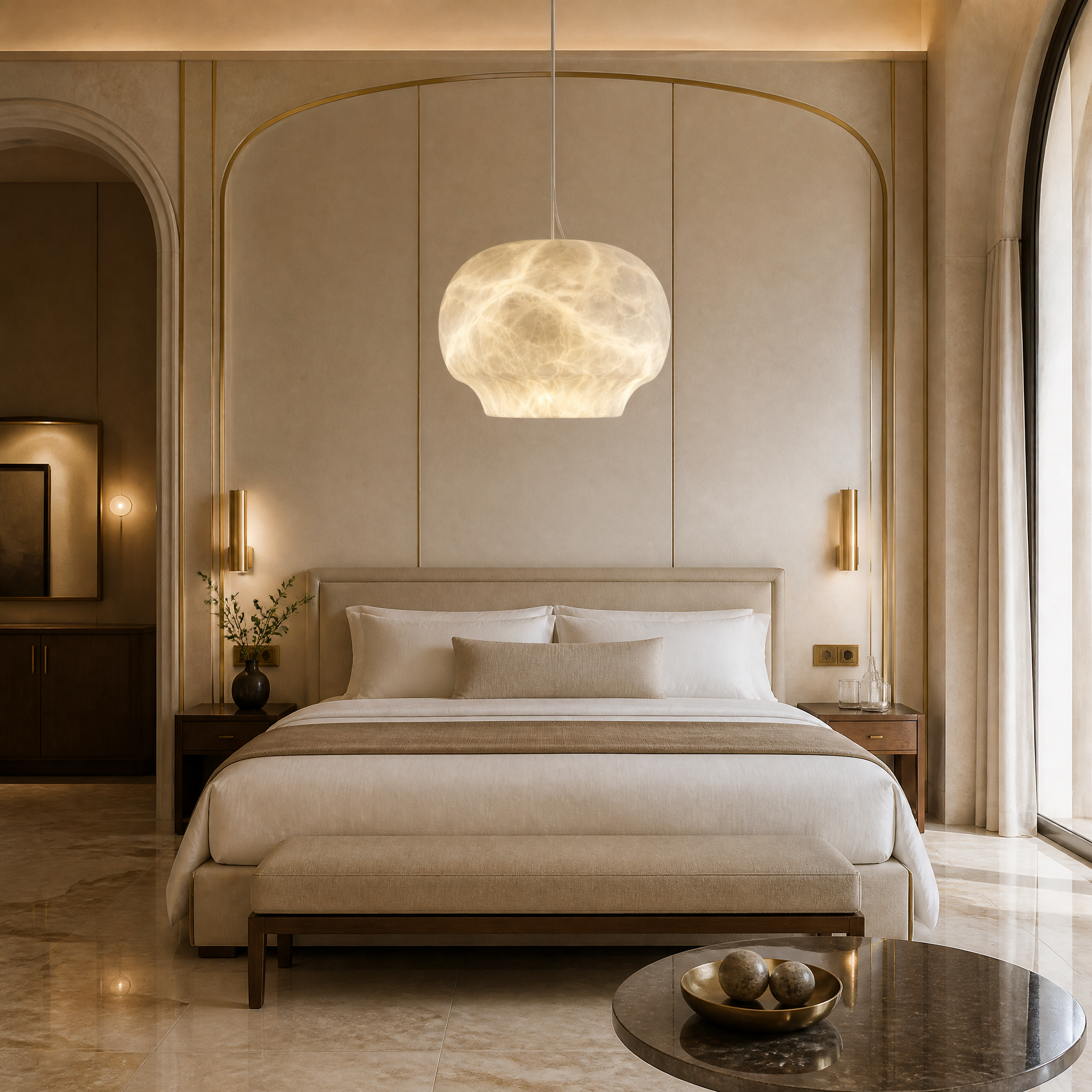 An elegant arrangement of Elba domed marble pendant lights illuminating a sophisticated boutique hotel lounge, enhancing the high-end hospitality design.