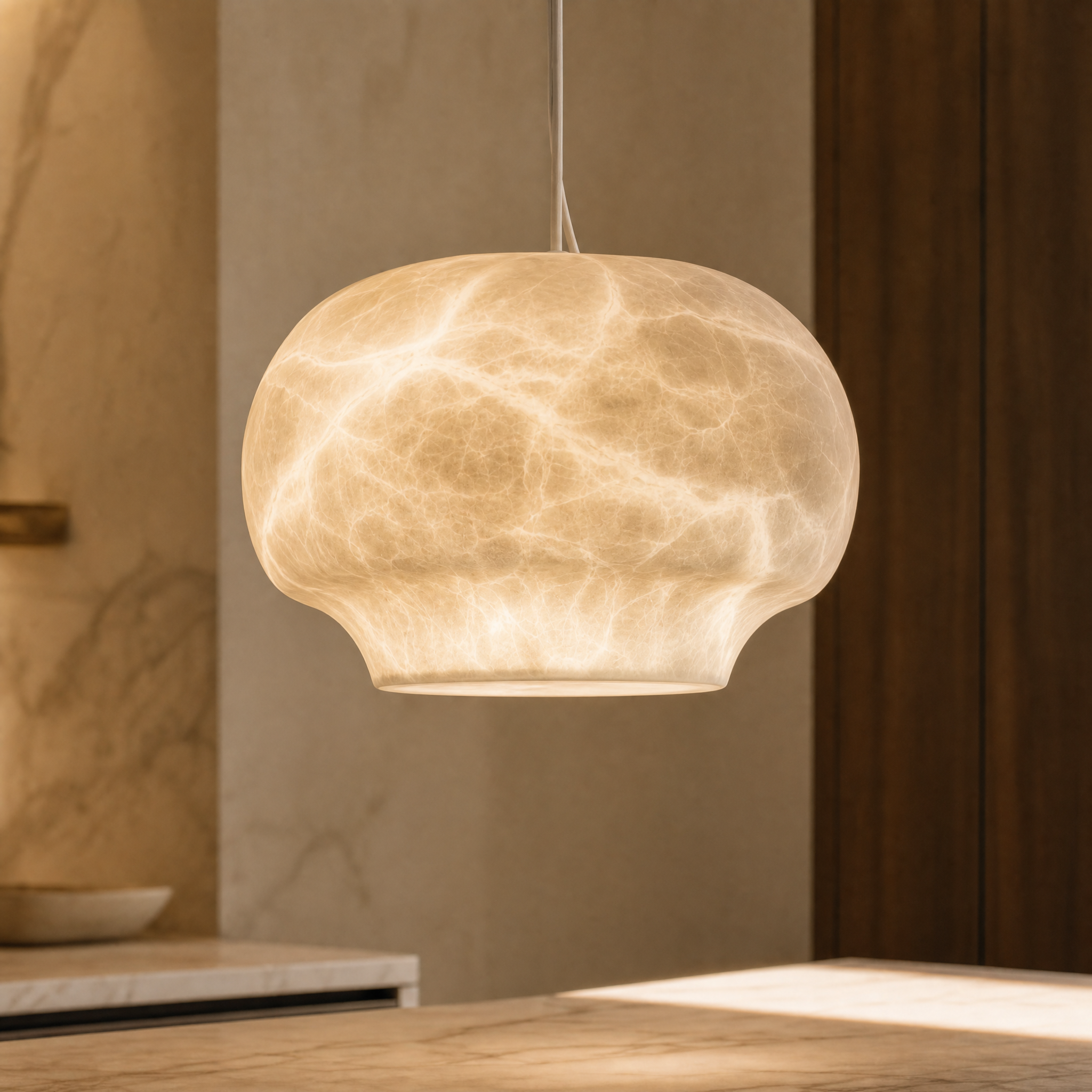 A detailed close-up of the VORELLI Elba pendant light, highlighting the organic curves, unique veining, and translucent finish of its softly domed premium marble silhouette.