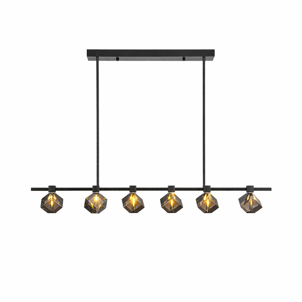 Elegant linear silhouette of the VORELLI Sorrento rectangular chandelier showcasing the exquisite, shimmering faceted crystal cubes.