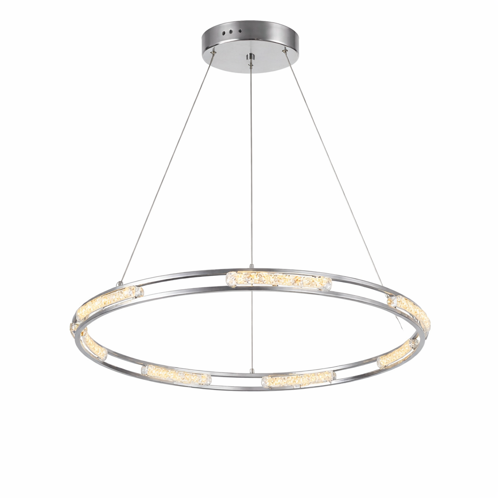 Elegant mood lighting cast by the VORELLI Vermacelli Ring Chandelier, highlighting the sophisticated refraction through its square-cut crystals.