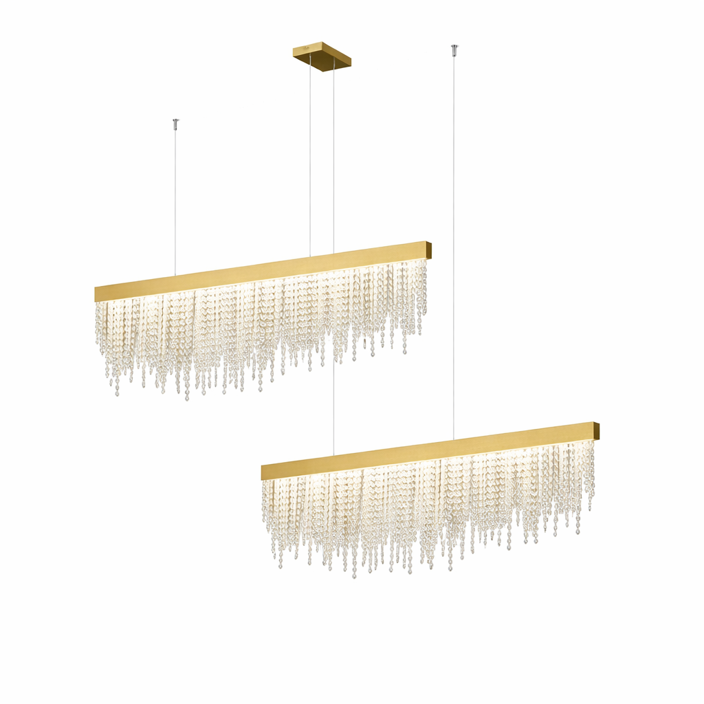 Elegant Westminster Rectangular Chandelier II with sparkling crystal accents casting a warm ambient glow over a sophisticated contemporary interior
