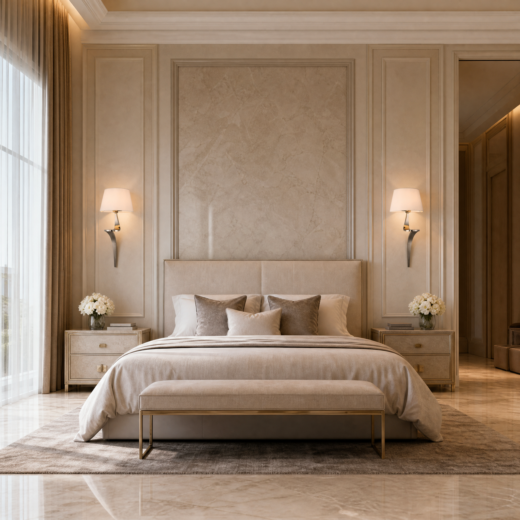 A pair of Elvoro polished nickel wall lights with soft cream fabric shades mounted symmetrically in a luxury residential living room, creating a warm ambient glow.