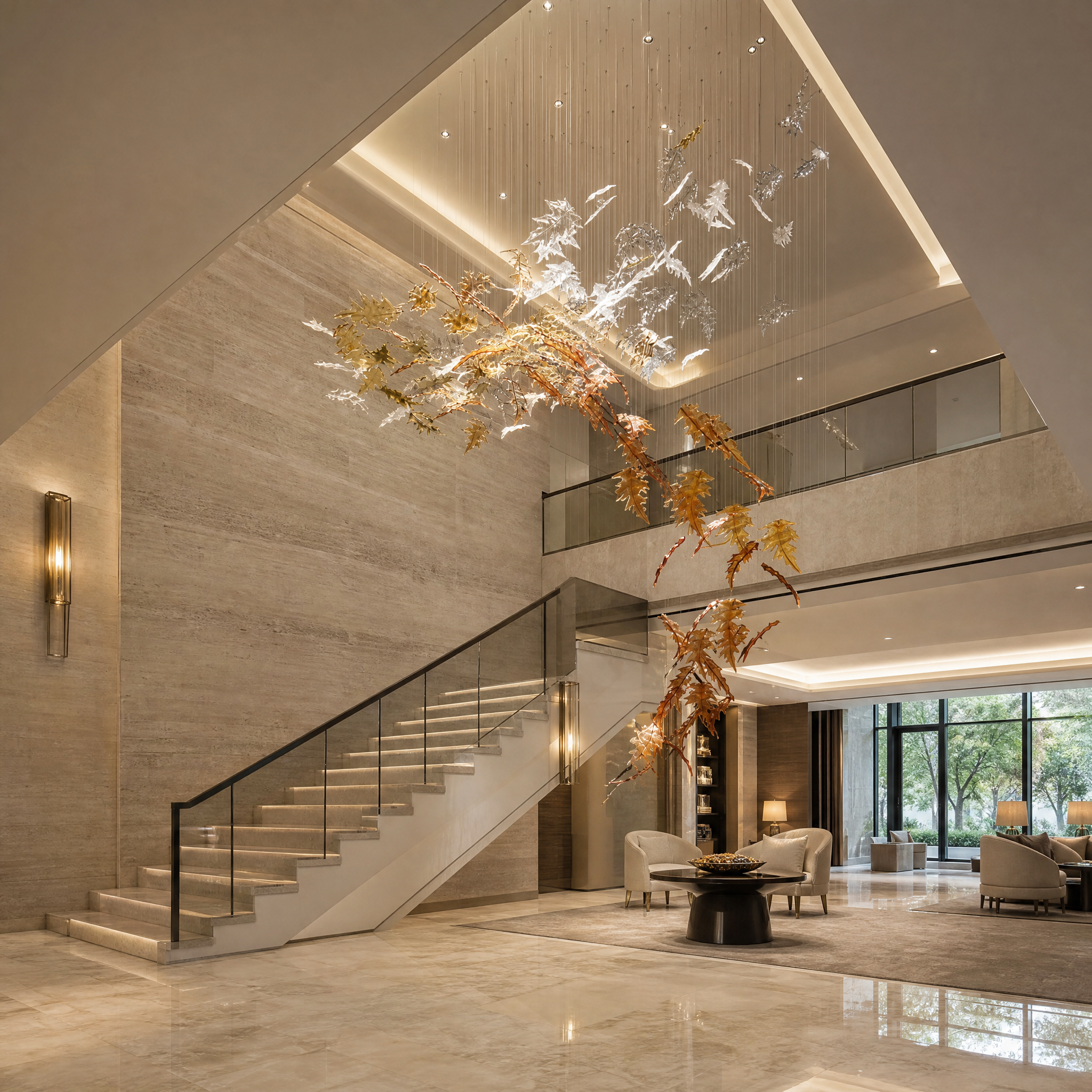 Luxury hotel lobby featuring the VORELLI Ember Leaf bespoke lighting installation, with translucent glass leaves creating an organic, flowing movement.