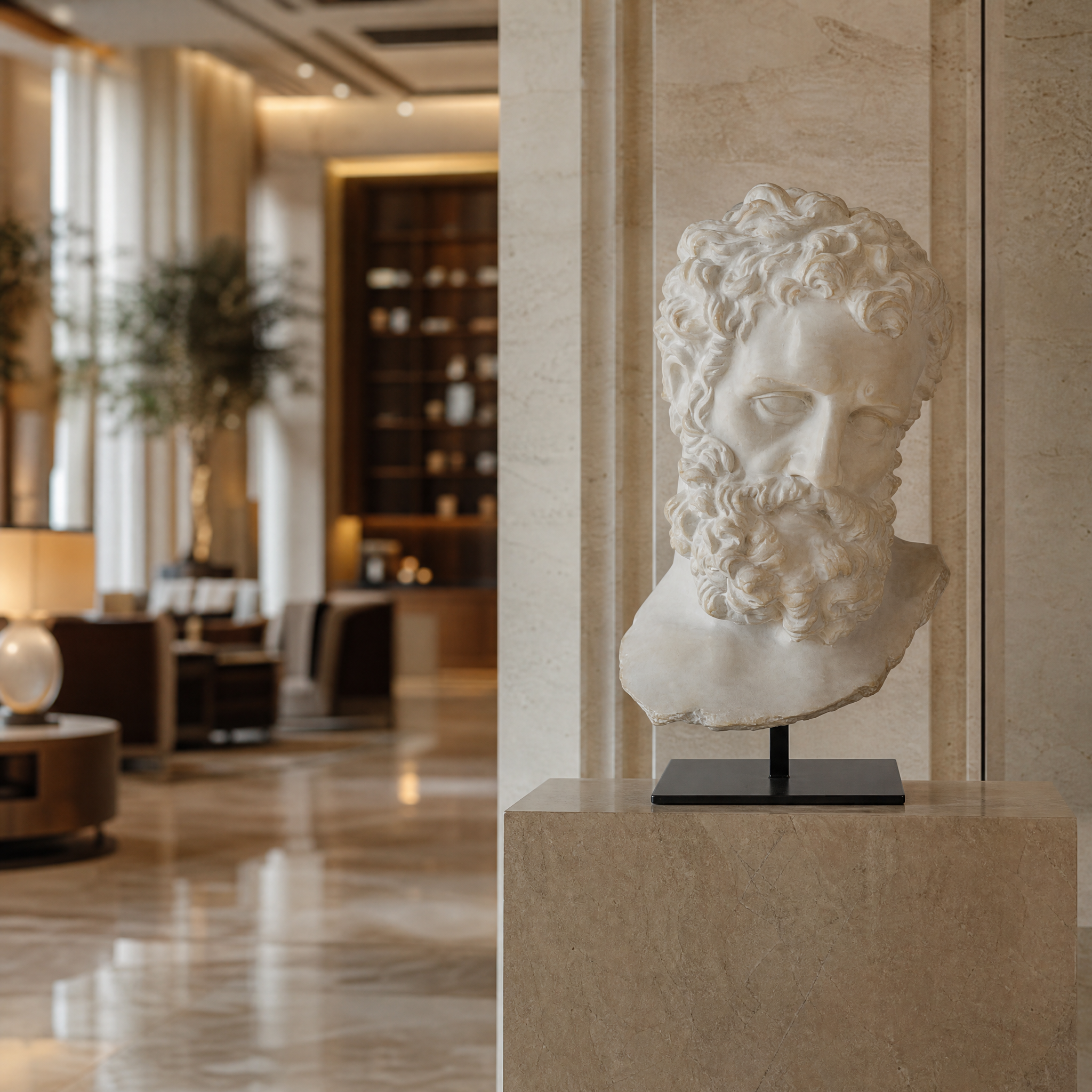 An imposing, large-scale Ercole Giant Hercules resin bust with an aged plaster finish, elegantly displayed in a grand boutique hotel lobby.