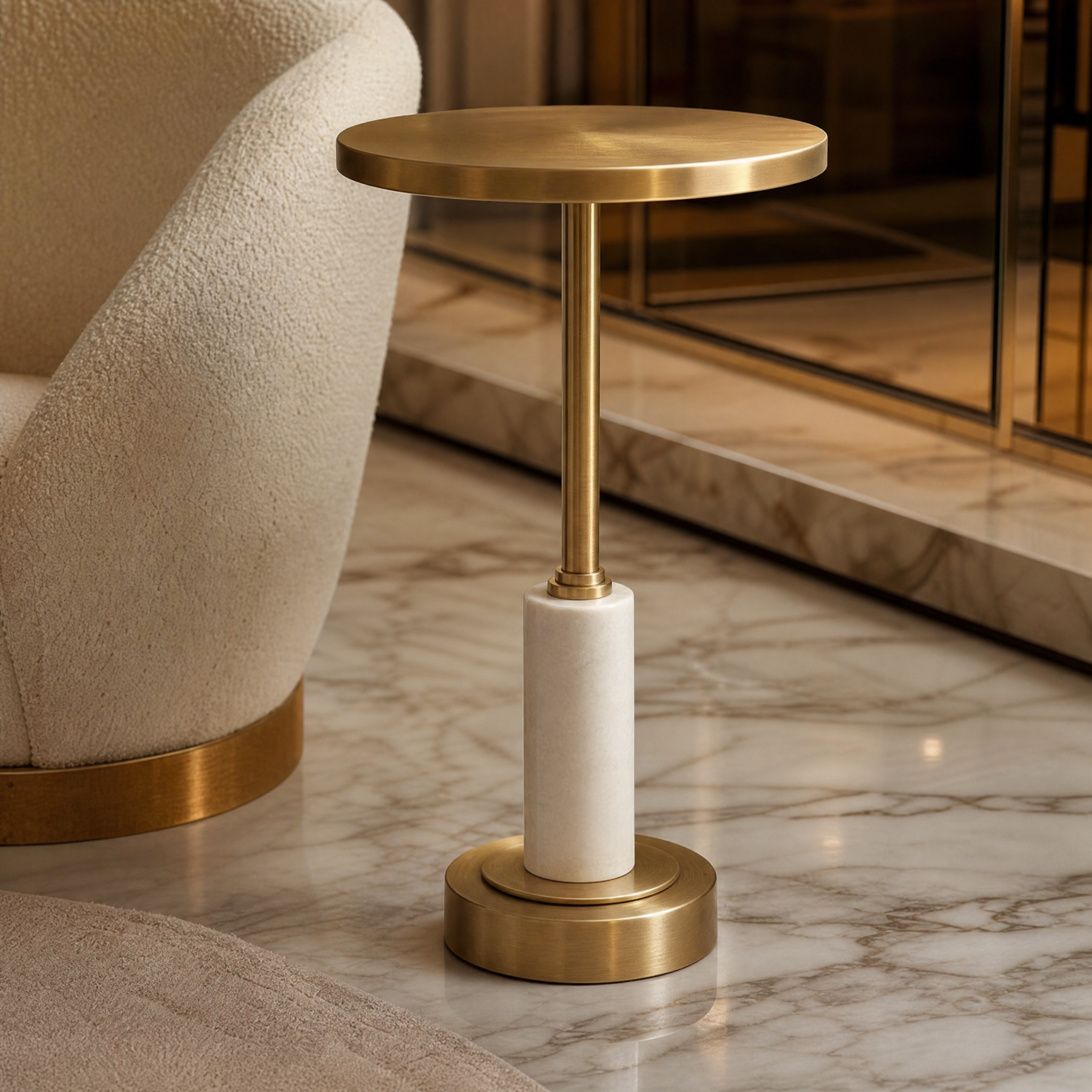 Detailed closeup of the VORELLI Erdevo side table highlighting the crisp white marble texture and bold brass frame contrast.