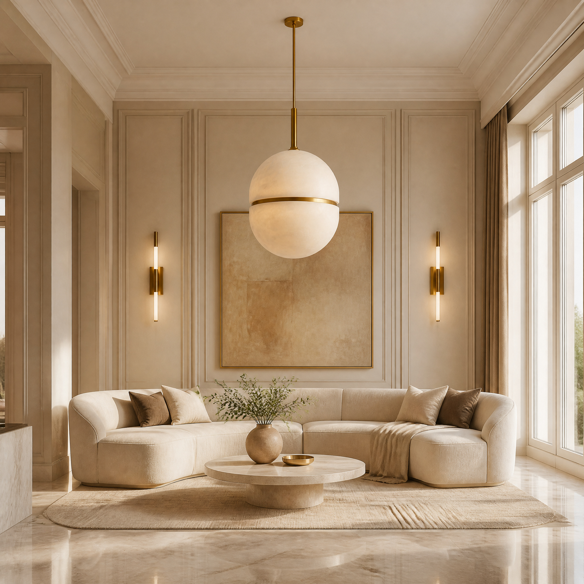 VORELLI Evora Marble Pendant Light illuminating a contemporary residential living room with a warm, sophisticated glow.