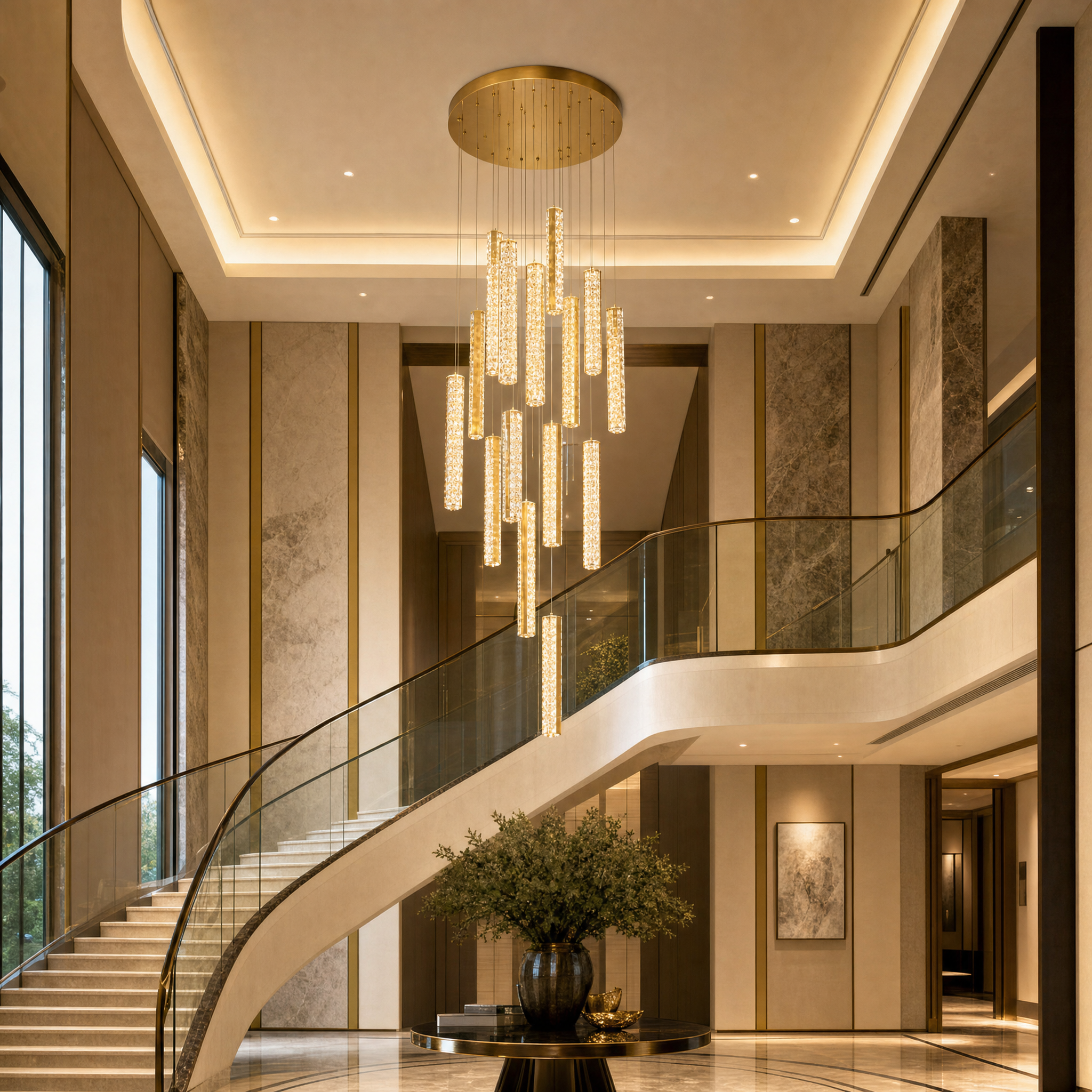 The grand VORELLI Fantasia staircase chandelier creating a striking focal point inside an upscale hotel lobby and hospitality lounge.